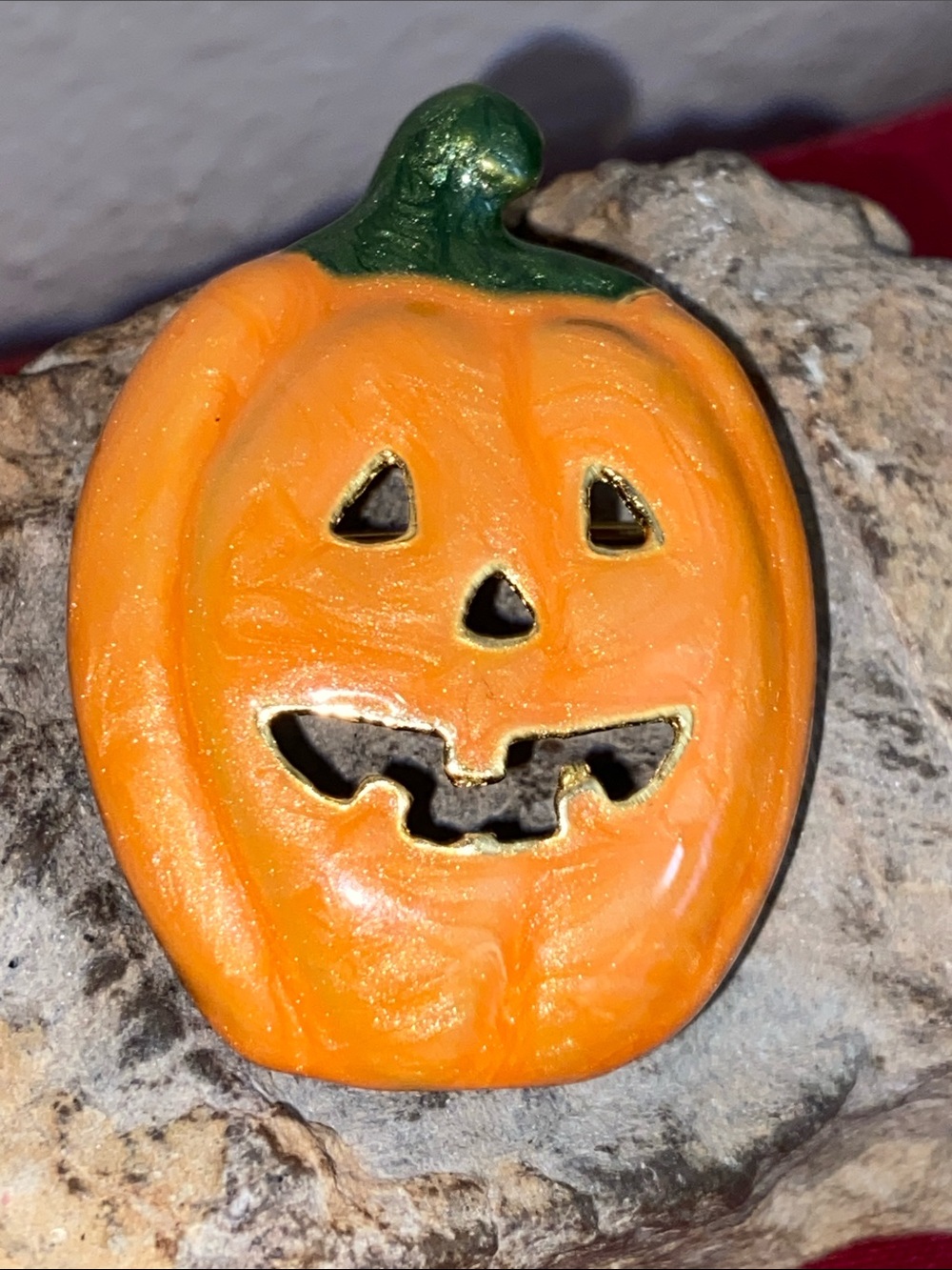 Vintage 80s Enameled Sparkly Orange Pumpkin Jack O Lantern Broach